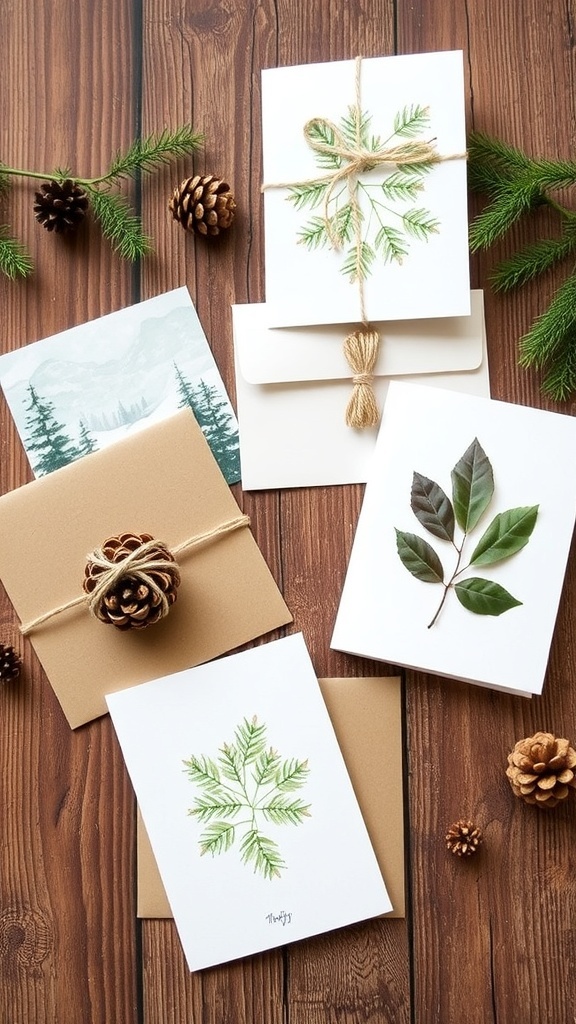 A variety of nature-themed Christmas cards on a wooden table, showcasing different designs with pinecones, watercolor art, and pressed leaves.